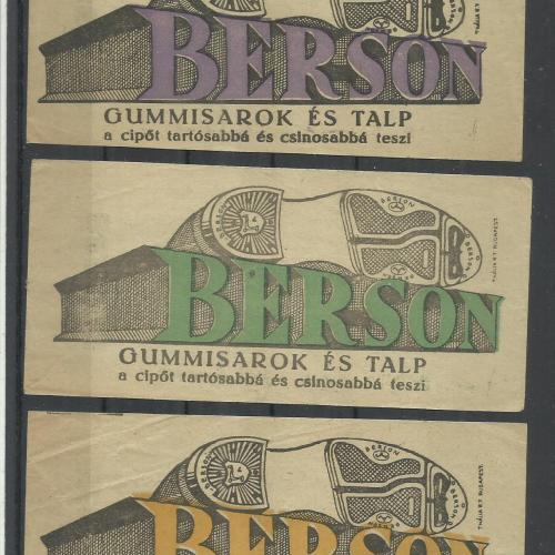 1920.-  3 db számolócédula - Berson - gumisarok és talp