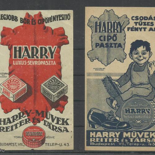 1920.-  2 db számolócédula - Harry cipőpaszta