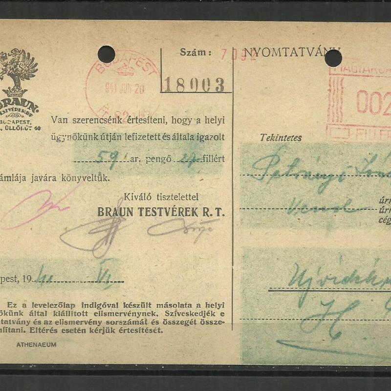 1941.- Elismervény - Braun testvérek RT.- Üllői-út 60.