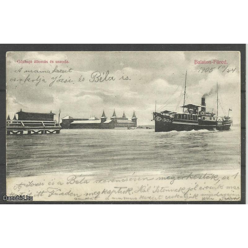 1905. - Gőzhajó állomás és uszodal - futott -képeslap - Balatonfüred