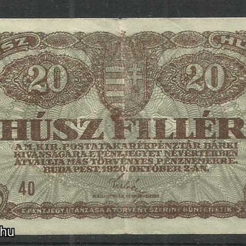 1920.- Húsz fillér - papírpénz - használt