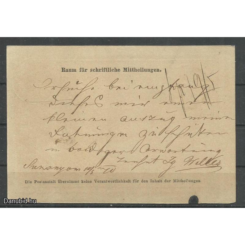 1870.- levelezőlap - futott - díjjegyes 2 kr - Nagy - Surány