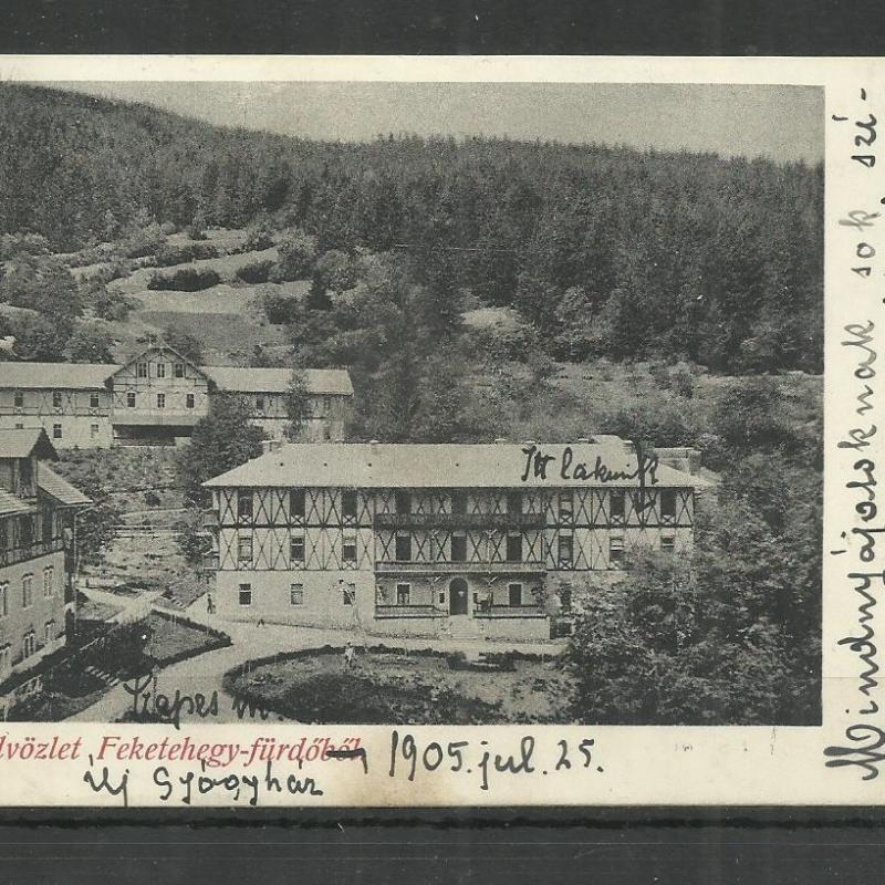 1905.- Üdvözlet Feketehegy-fürdőből - futott képeslap