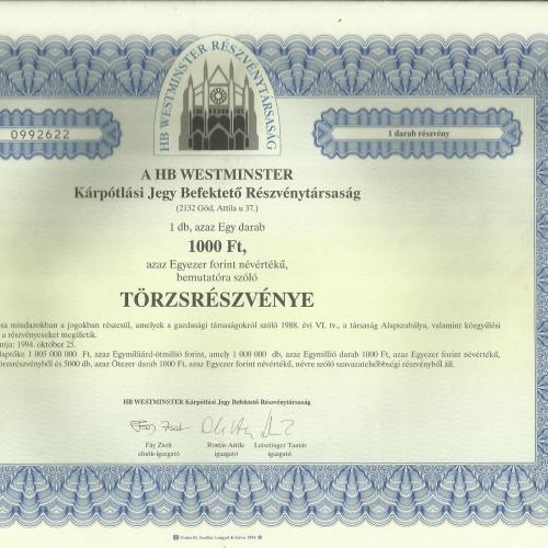 1994.- Törzsrészvény - 1000ft - HB Westminster - Kárpótlási