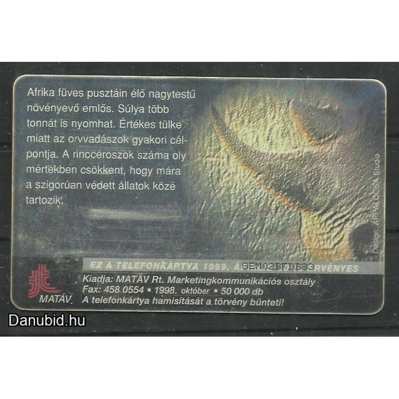 1998.- Védett állatok - Magyar Telefonkártya -Orrszarvú