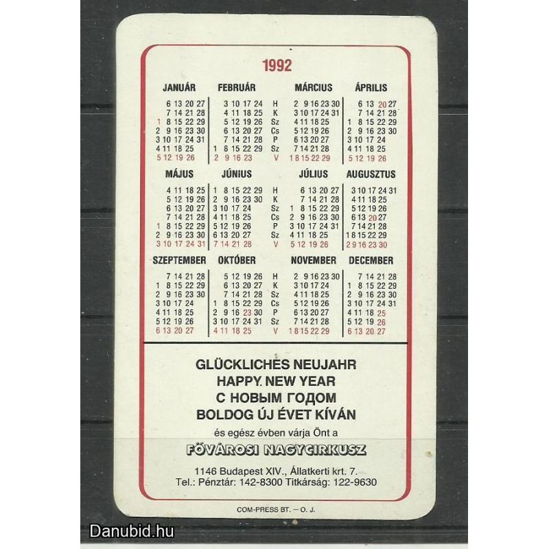 1992 -  Magyar cirkusz és varieté - kártyanaptár