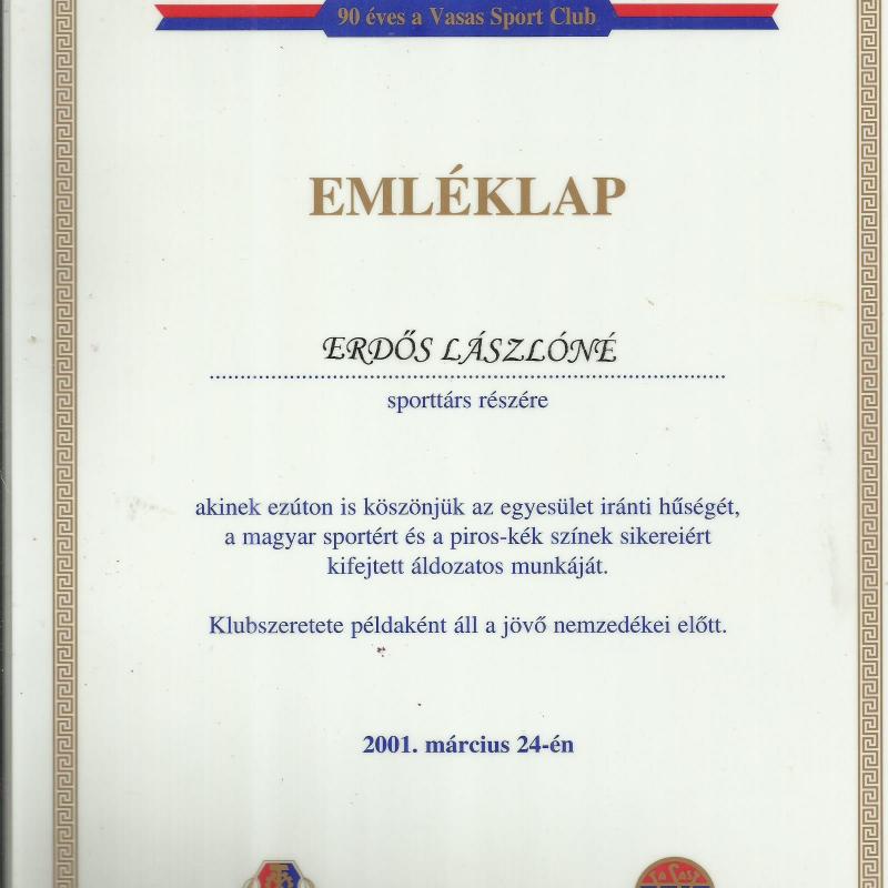 2001.- Vasas emléklap