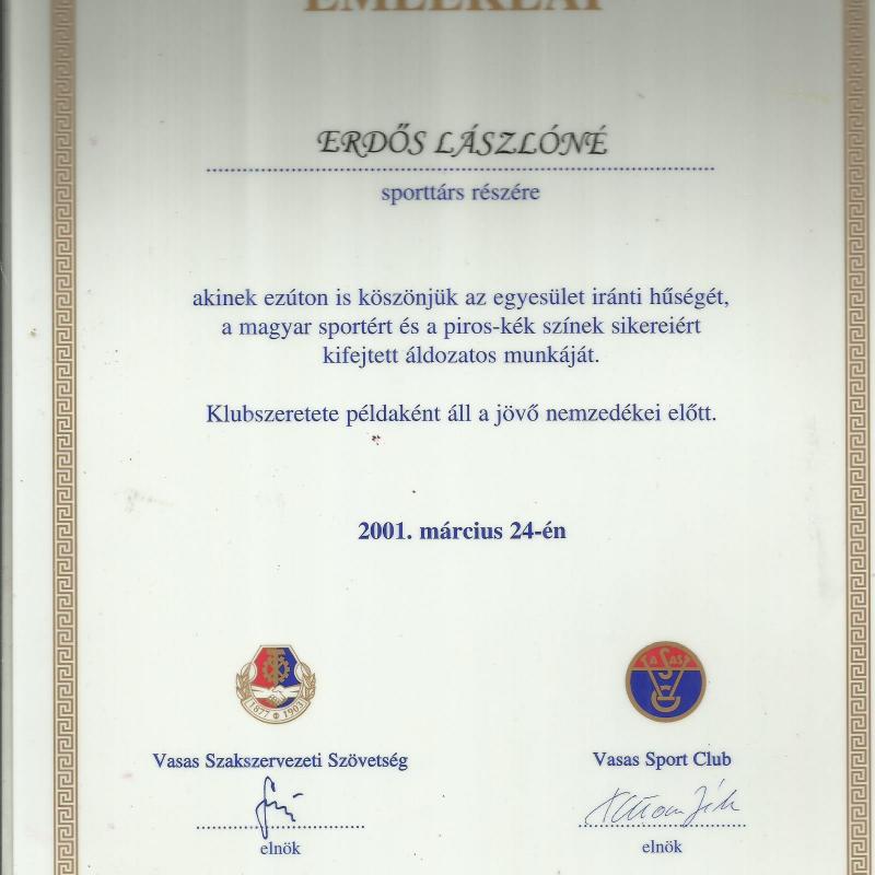 2001.- Vasas emléklap