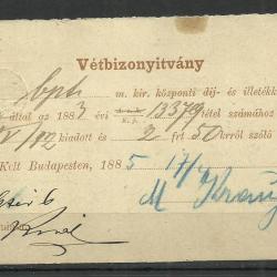 1885.- Vétbizonyítvány - futott - Közponzi díj és illeték