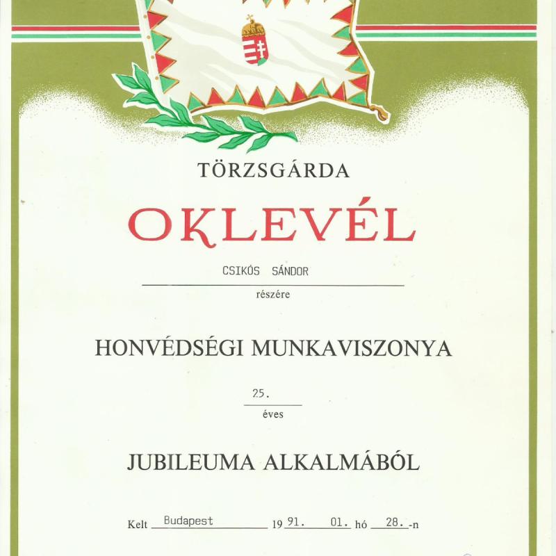 1991.-Törzsgárda oklevél - honvédségi munkaviszony