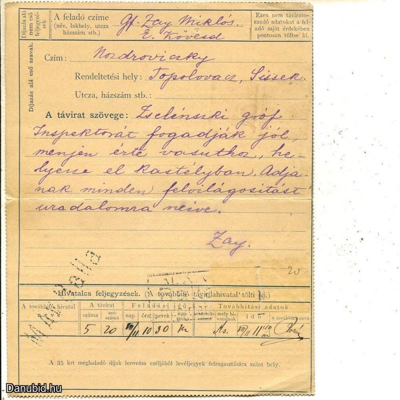 1890.-Távirat lap - Pétervásár - 35 kr - Gróf Zay Miklós