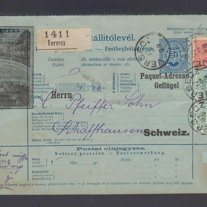 1897. - Szállítólevél - Versecz - Svájc - Schaffhausen- vegyes bélyeg