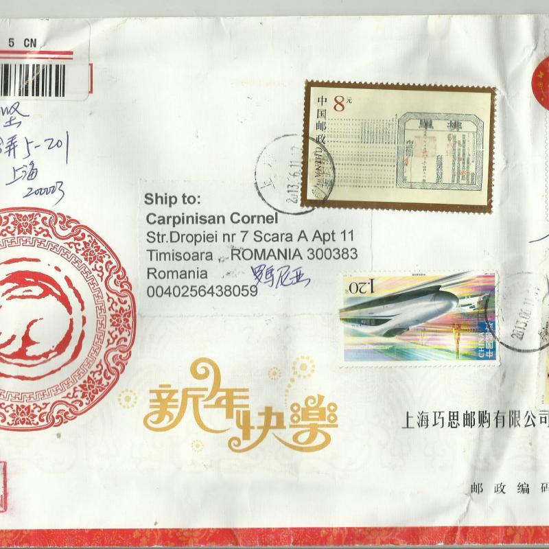 2013.- Kínai - díjjegyes boríték -ajánlott levél - légiposta