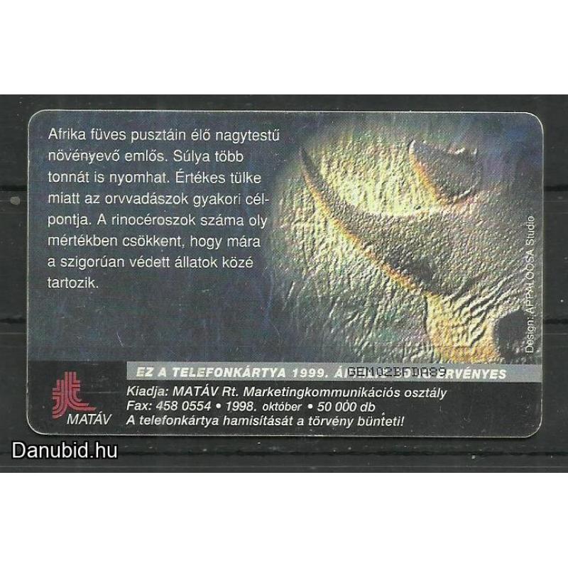 1998.- MATÁV - Magyar Telefonkártya - Védett állatok - orrszarvú