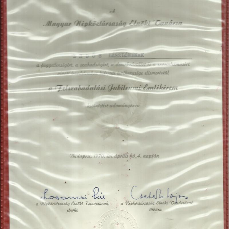 1970.- Adpmányozó - Losonczi Pál aláírás - Felszabadulási emlékérem