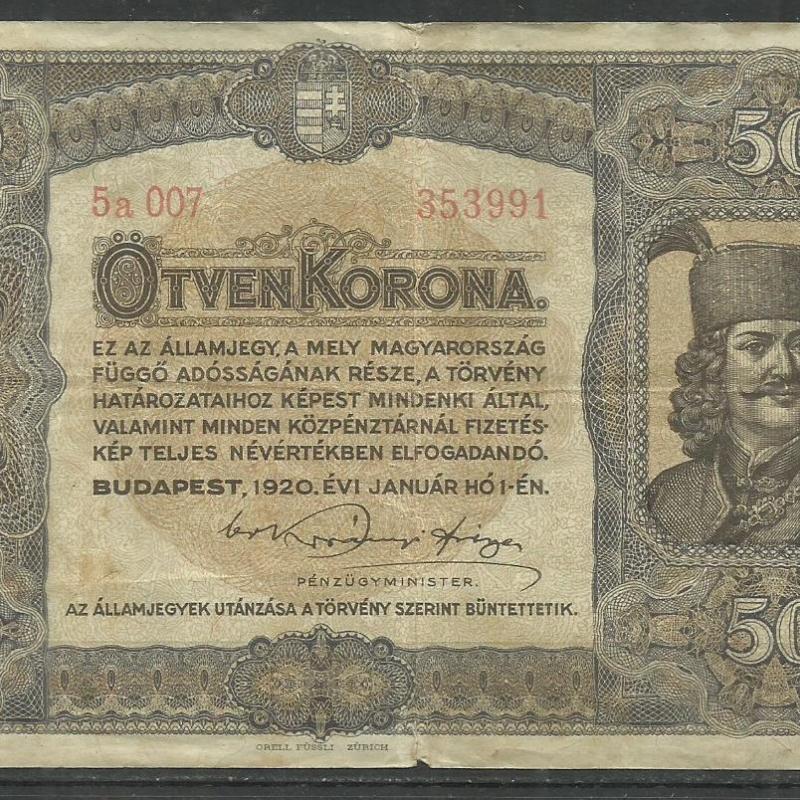 1920. - 50 korona -használt - papírpénz