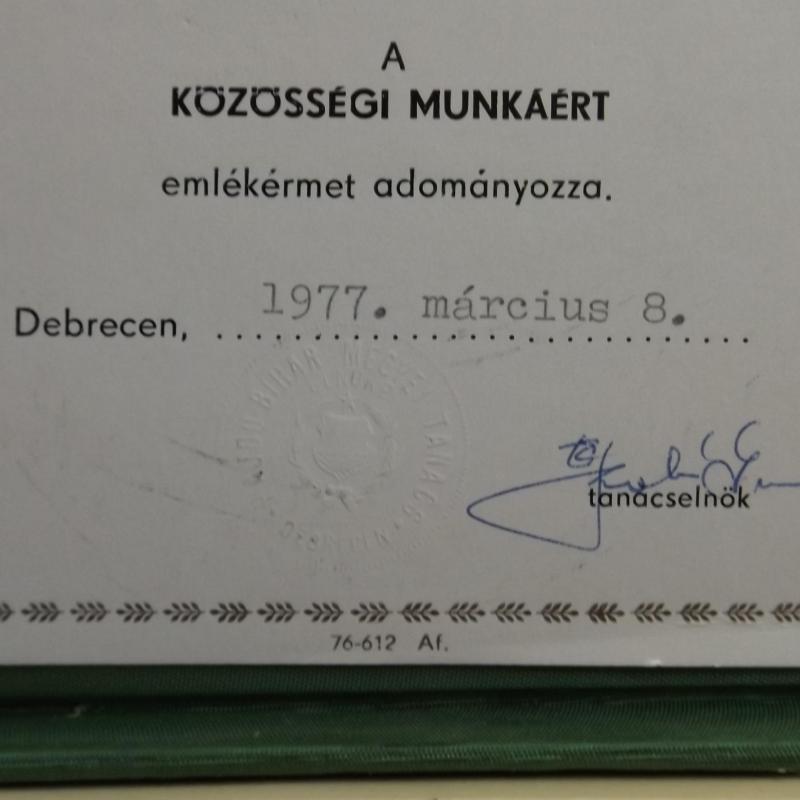 1977. - Közösségi munkáért-Hajdú - Bihar - Megye -plakett