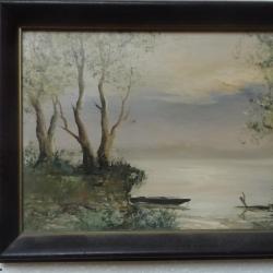Szántó Lukács: Mártélyi hajnal csónakkal - 26 cm x 18 cm